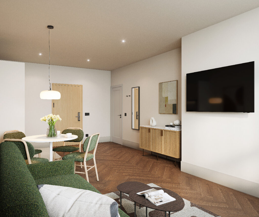 Spacious living area with green sofa, dining table, and wall-mounted TV in the one bedroom apartment at master Wola Warsaw.