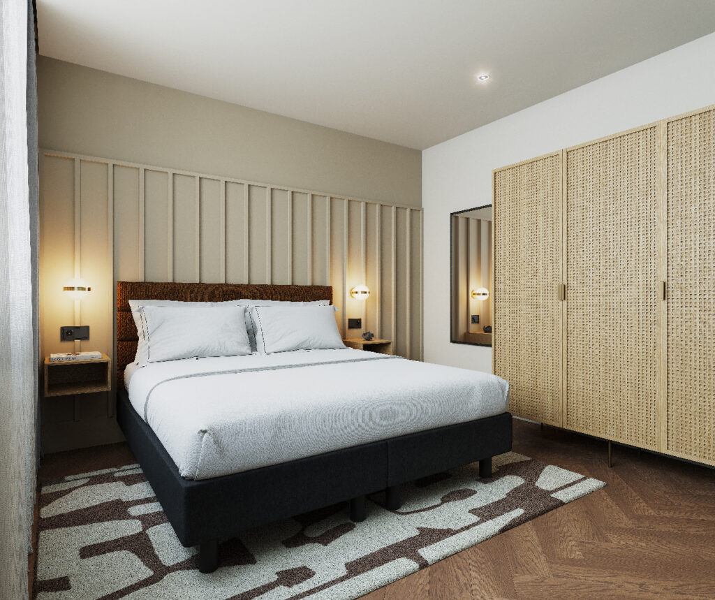 King-size bed, bedside lights, and spacious wardrobe storage inside the two bedroom apartment at master Wola Warsaw.