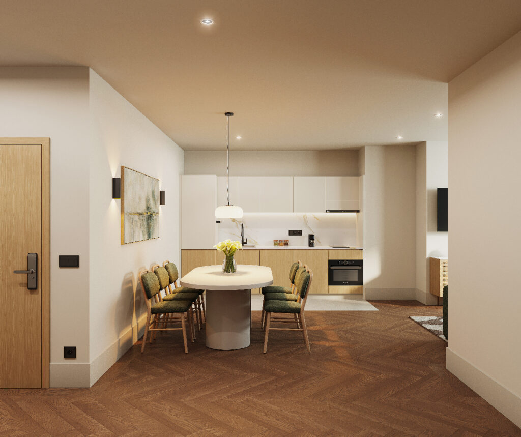 Spacious dining area with seating for six and fully equipped kitchen in the three bedroom apartment at master Wola Warsaw.