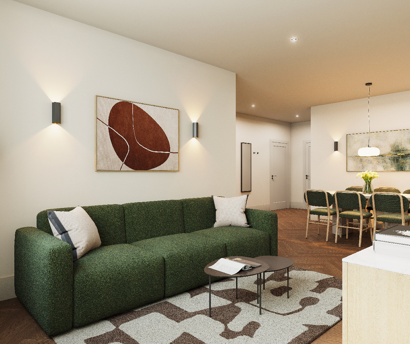 Contemporary living room with green sofa, wall art, and coffee tables in master Wola Warsaw’s three bedroom apartment.