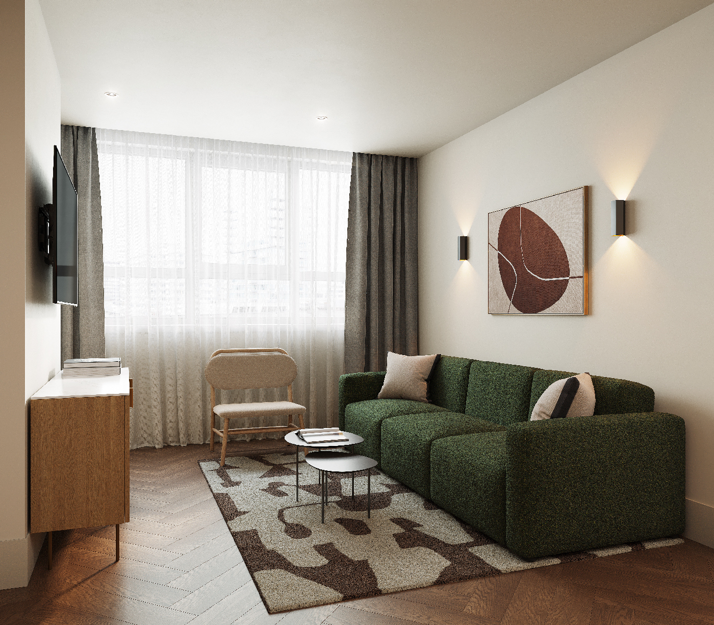 Bright living area with large windows and cozy seating in the three bedroom apartment at master Wola Warsaw.
