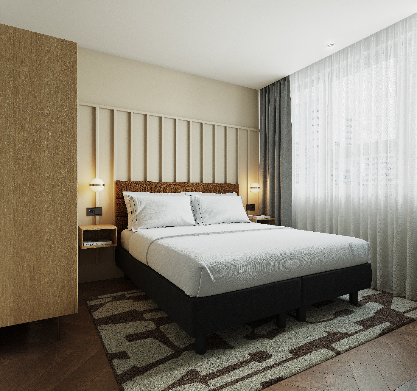 First bedroom with king-size bed, wood panel headboard, and bedside lighting in the three bedroom apartment at master Wola Warsaw.