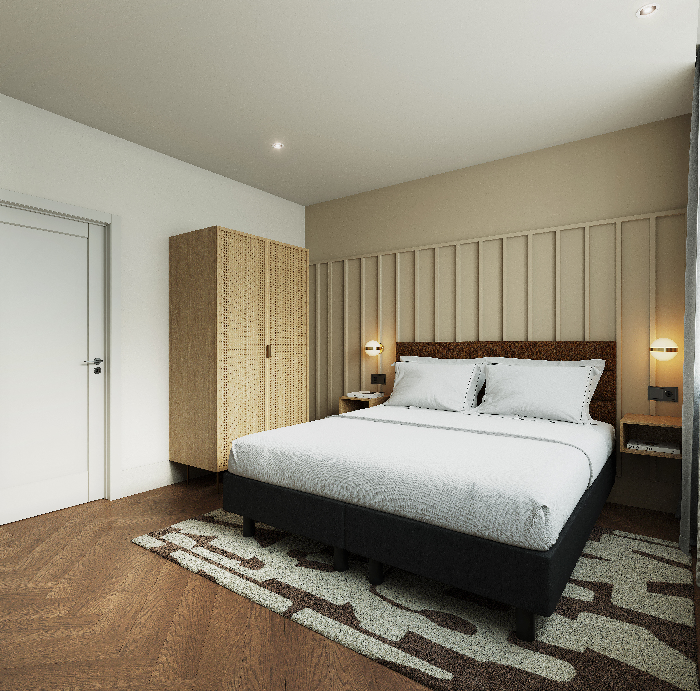 Second bedroom featuring king-size bed, bedside shelves, and contemporary lighting in the three bedroom apartment at master Wola Warsaw.