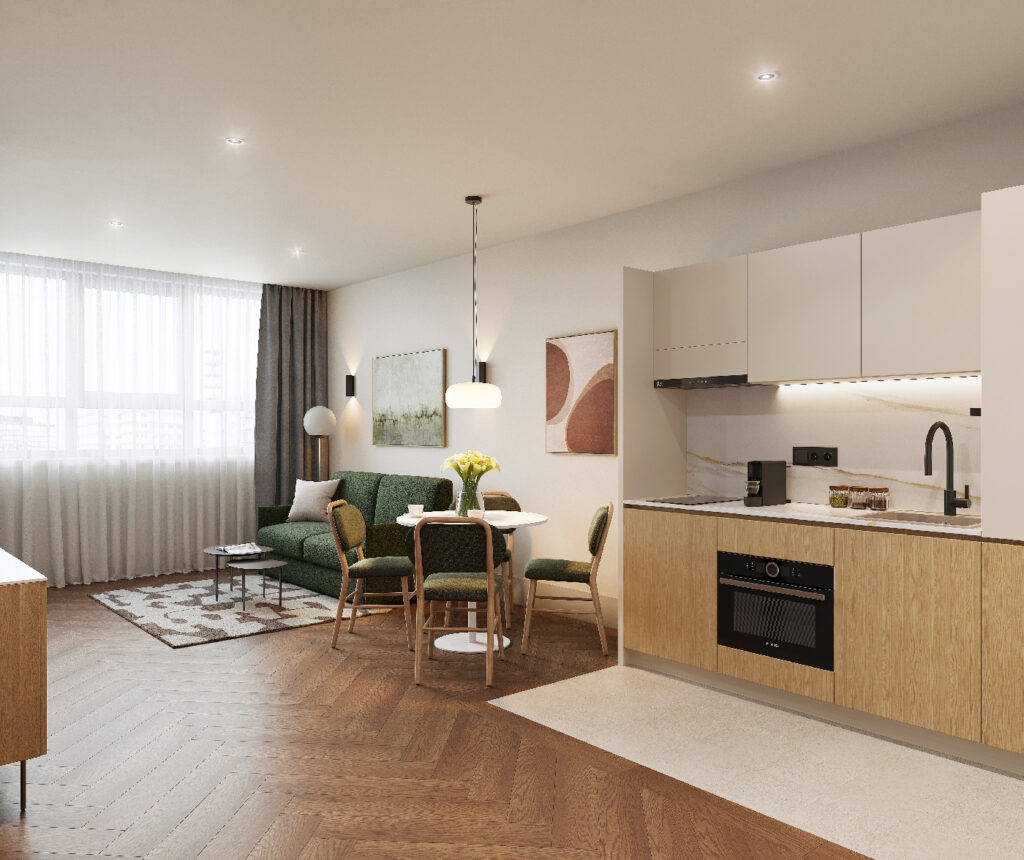 Open-plan layout with living space, dining area, and contemporary kitchenette inside the one bedroom apartment at master Wola Warsaw.