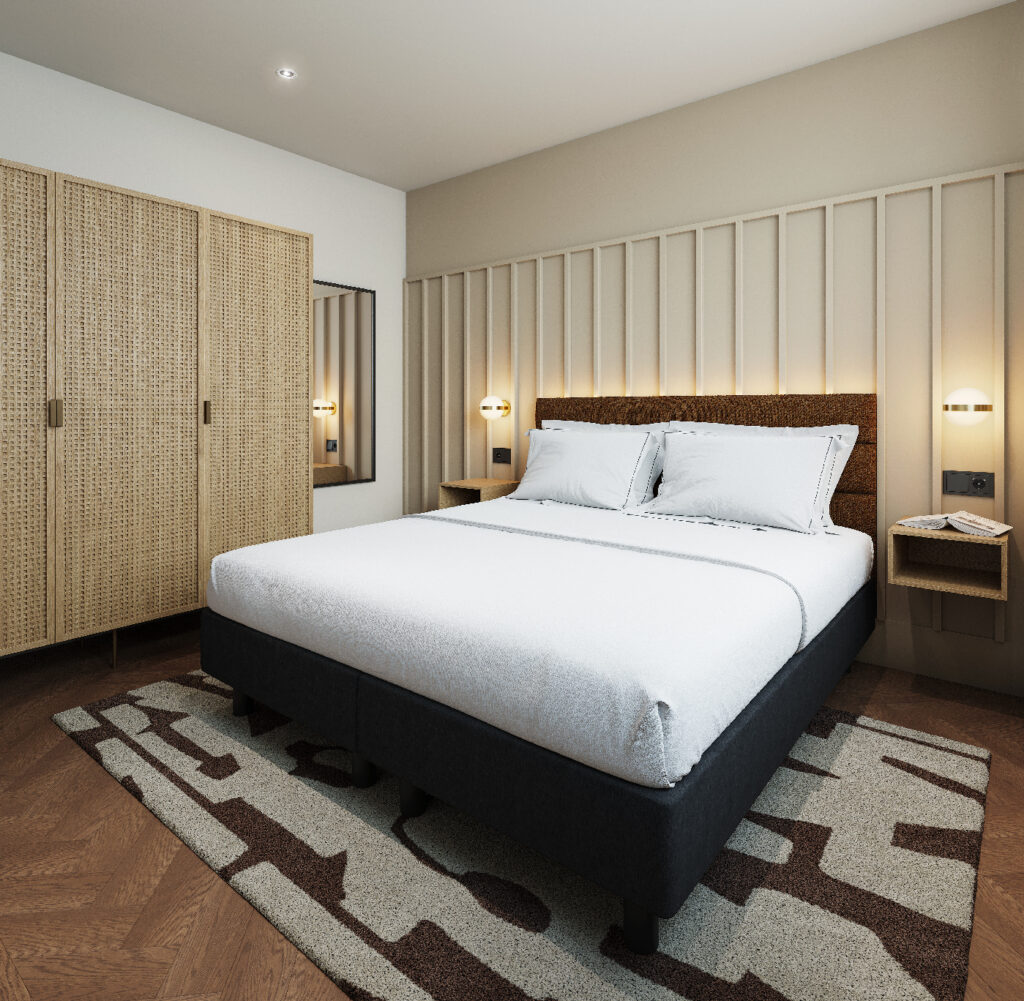 Comfortable bedroom with king-size bed, woven wardrobe, and soft ambient lighting in master Wola Warsaw’s one bedroom apartment.