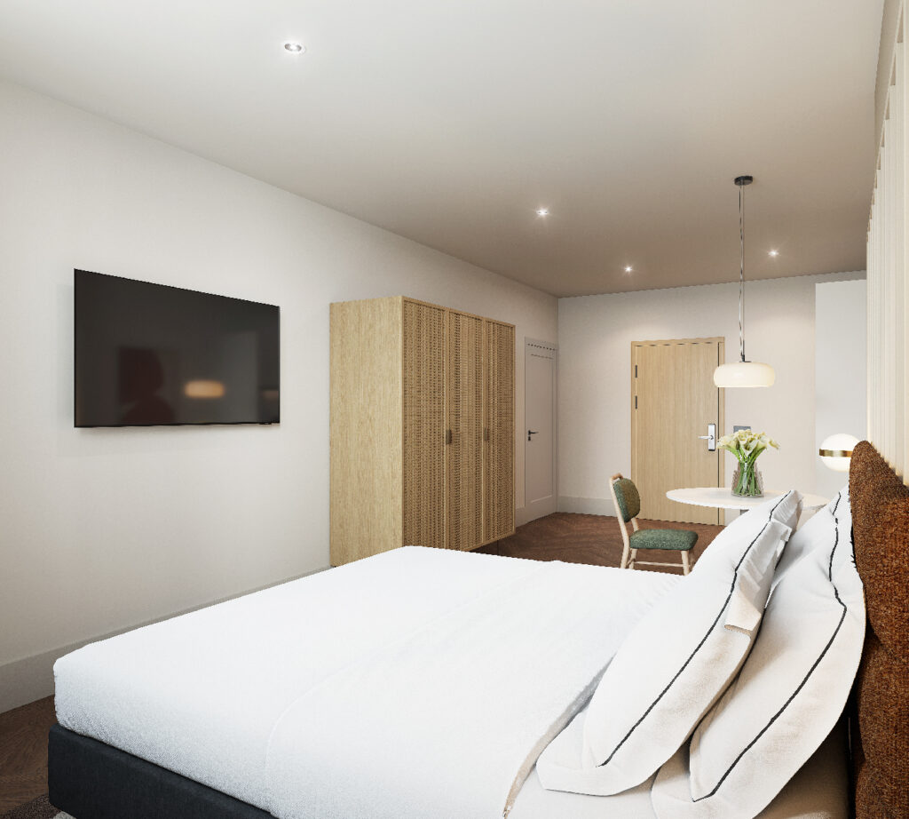 Spacious studio layout with large wardrobe, smart TV, and dining space at master Wola Warsaw serviced apartments.