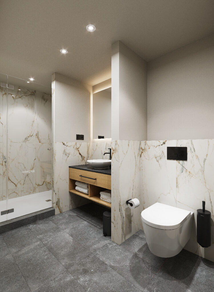 Modern bathroom with walk-in shower, marble-style tiles, and wooden vanity in master Wola Warsaw studio apartment.